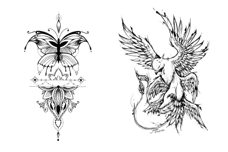 Tattoozeichnungen Ornamental Schmetterling und Donnervogel