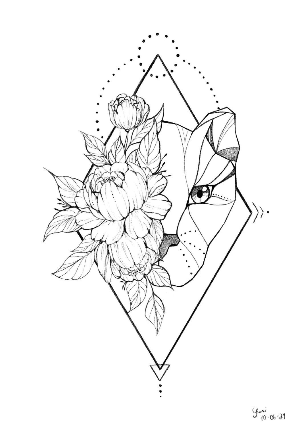 Tattoo Design Idea Geometric Lion with Roses